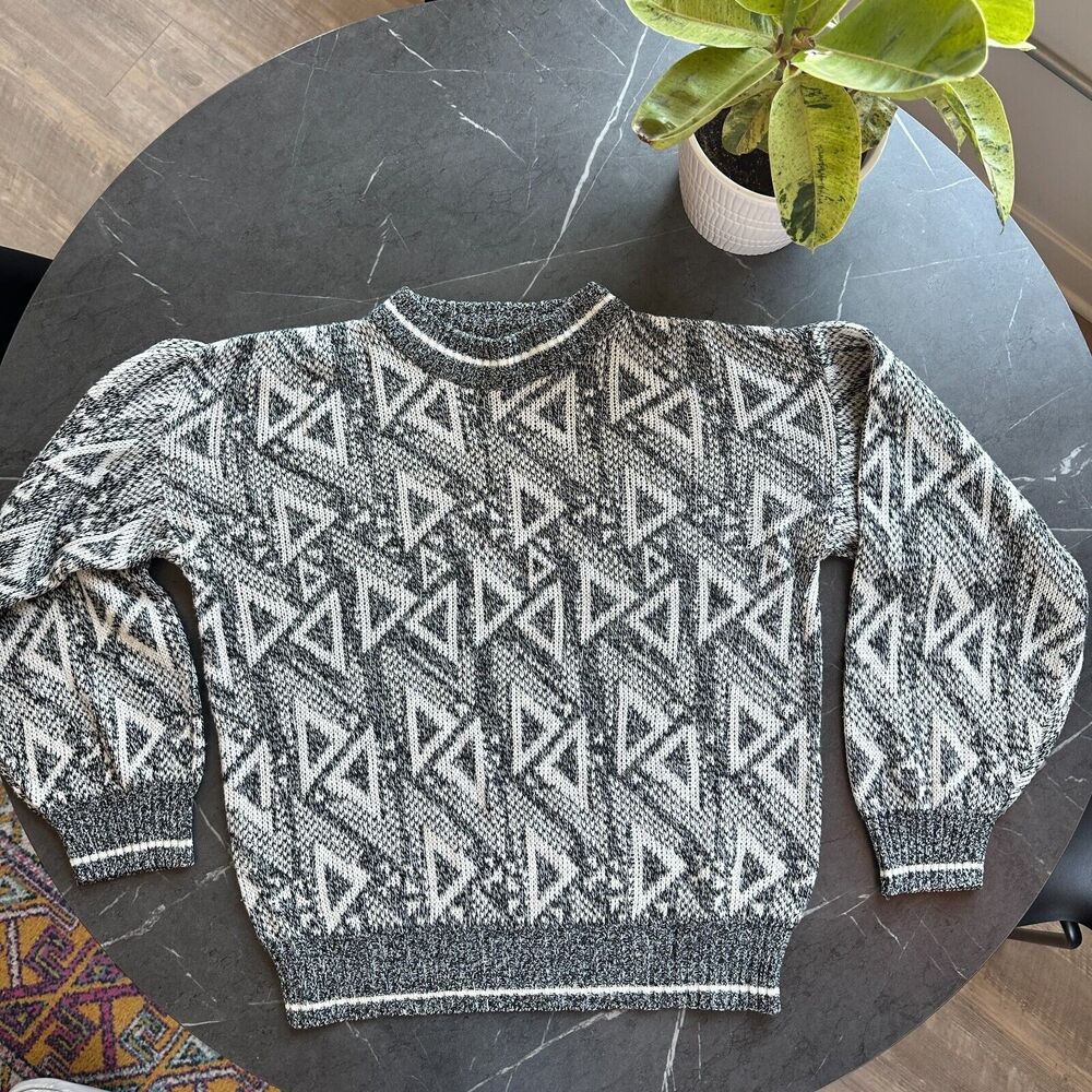 Mens Michael Herald Vintage 80s Knit Sweater Large Grey & White